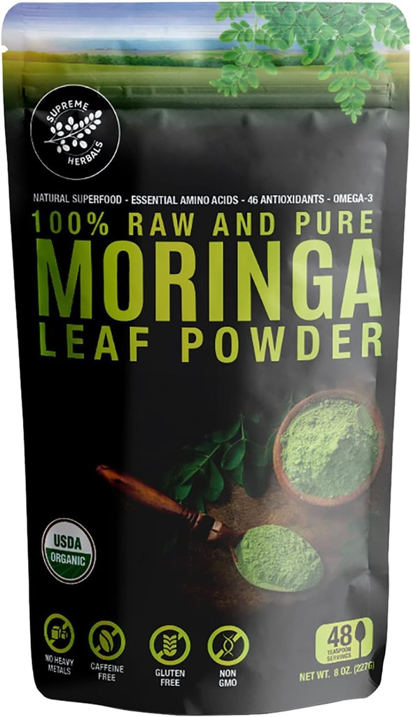 100% Raw şi Pure Moringa Leaf Powder. Organic Certified Moringa Leaf. Superalimente naturale cu aminoacizi esenţiale, antioxidanţi, şi Omega 3, 8 oz sac rescualable.