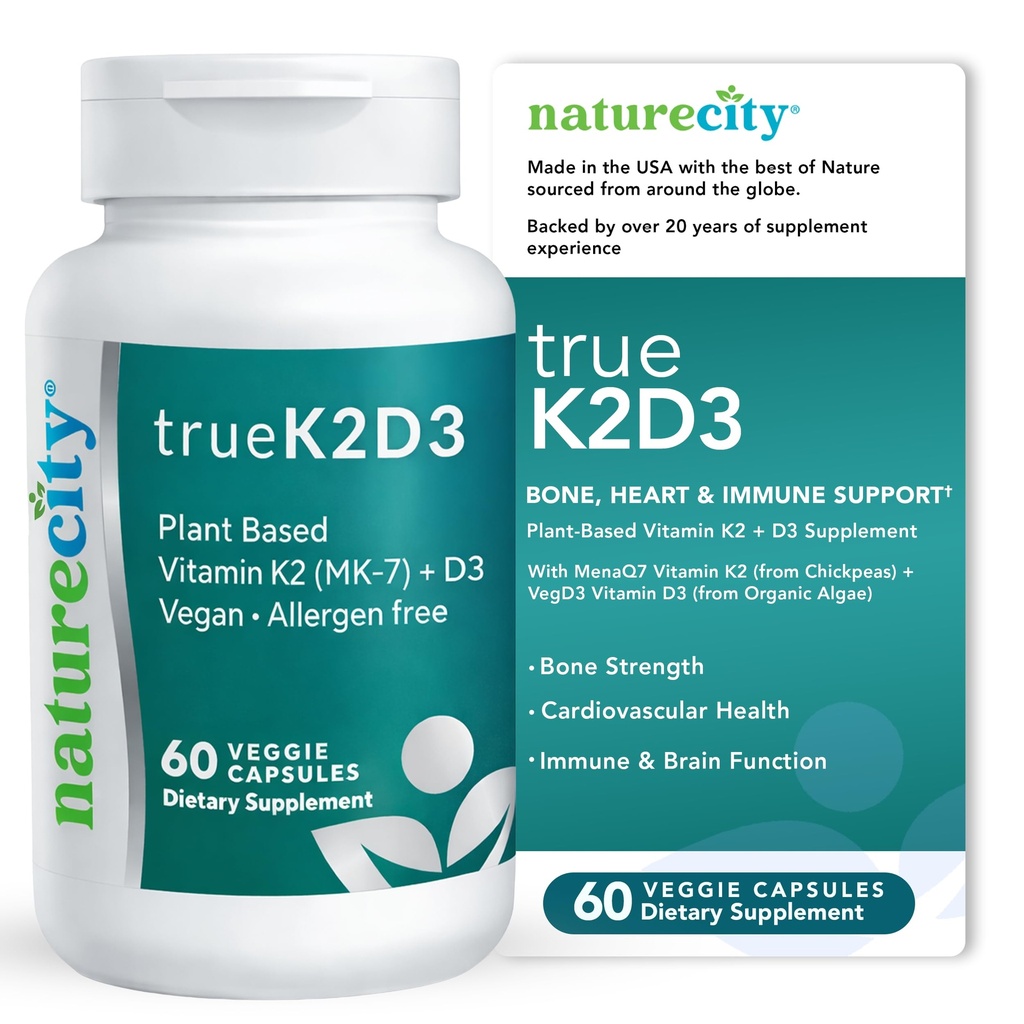 NatureCity TrueK2D3 Plant based Vitamina K2 MK7 (90 mcg) & D3 from Algae(2,500 UI) 2 in 1 Vitamina D3 K2 Suplement for Bone, Heart and Immune Health 