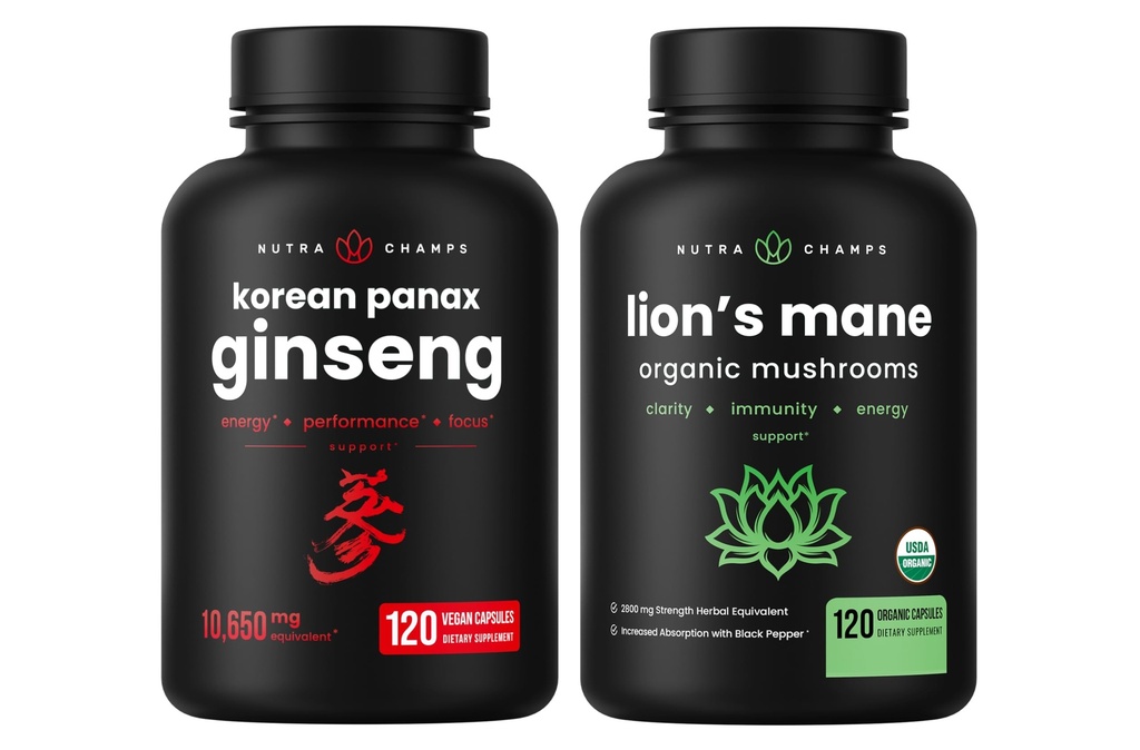 NutraChamps Capsule coreene Ginseng şi capsule de coamă Lions 2 Pack Bundle