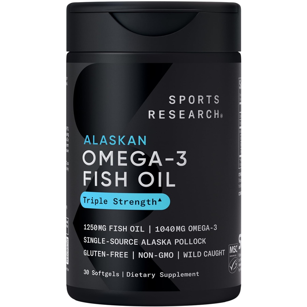 Sport de cercetare Triple Putere Omega 3 ulei de pește 1250 mg de la Wild Alaska Pollock - Burpless Fish Suplimentul de ulei de pește cu Omega-3 EPA & DHA - Sustenabil de surse, non-GMO, gluten gratuit - 30 Softgels