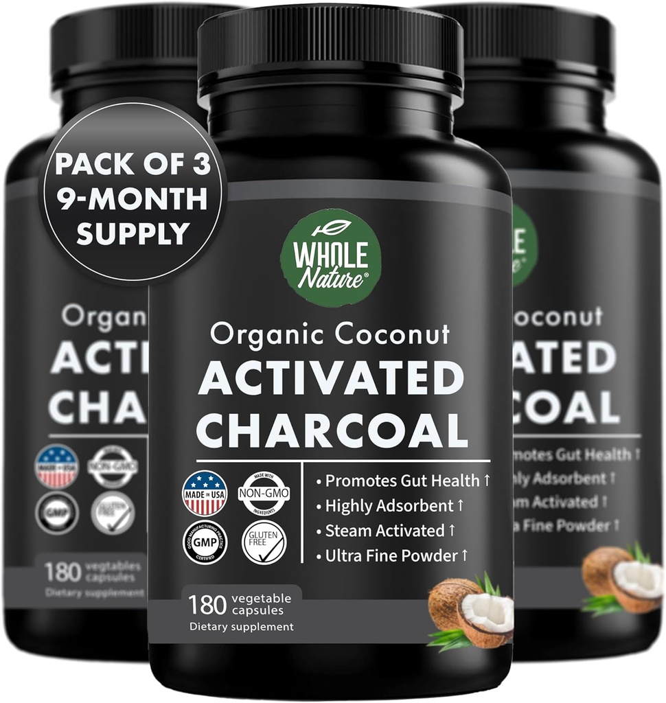 Capsule de nucă de cocos activate Charcoal, 180 capsule de cărbune, albirea dinților, ajută la constipație, balonare, stomac gaz, arsuri la stomac, Pure Coconut Derived Supliment (3)