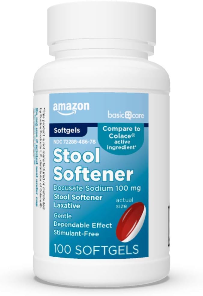 Îngrijire de bază Stool Softner Laxative, Docusat Sodiu 100 mg, Softgels, Pentru constipaţie Relief, 100 Conte