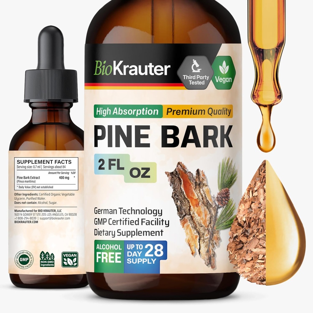 BIO KRAUTTER Extract de scoarță de pin - bogat în antioxidanți Supliment lichid - 400 mg de extract de pin maritim francez picături - Vegan, alcool și zahăr fără - 2 Fl Oz