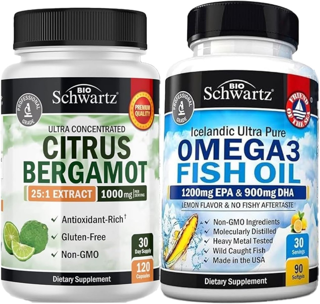 Puterea triplă Omega 3 Softgels ulei de pește (1 lună de aprovizionare) Plus 1000 mg Citrus Bergamot Supliment (1 lună de aprovizionare)