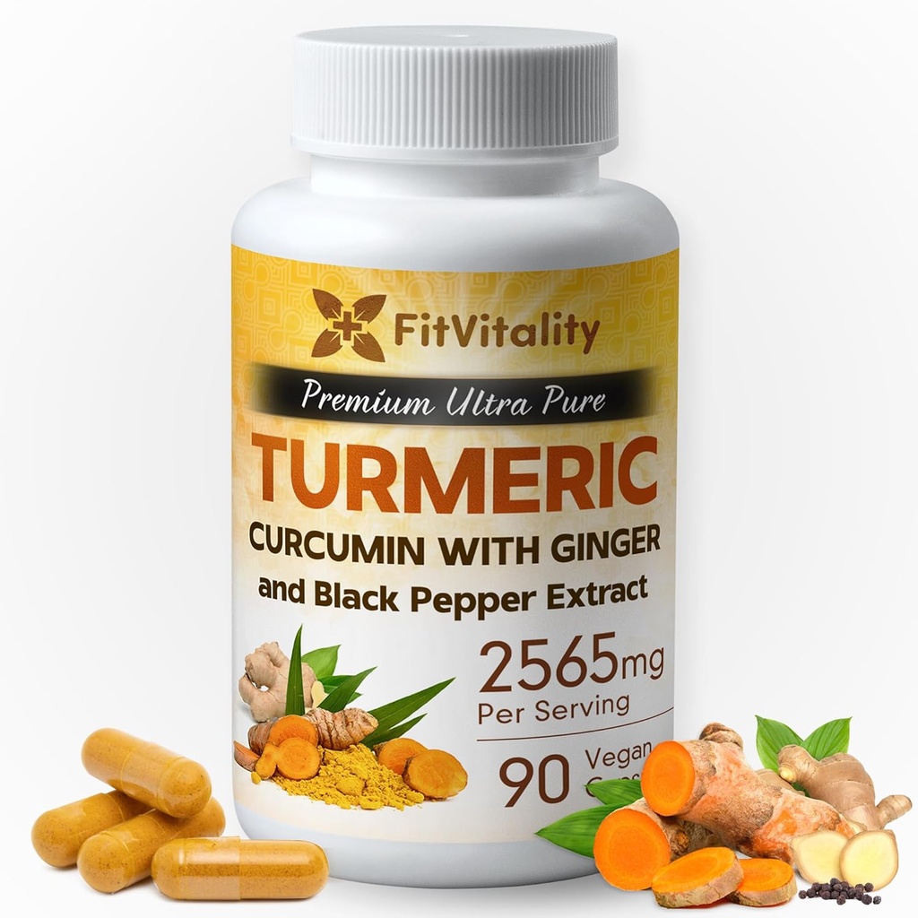 Curcumin turmeric 2565 mg, 90 capsule, 95% curcuminoide și extract de ardei negru BioPerine, supliment turmeric cu rezistență suplimentară, toate capsule naturale și non- 