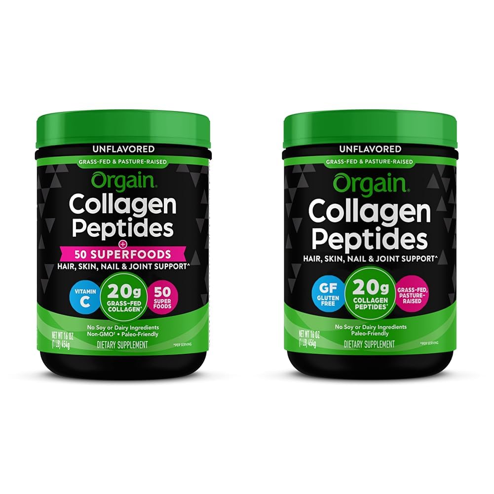 Orgain Hidrolyzed Colagen Powder + 50 Ecologic Superfoods, 20g Grass Fed Colagen Peptides & Hydrolyzed Colagen Peptides Powder, 20g Grass Fed Collagen - par, Piele, unghie & comun