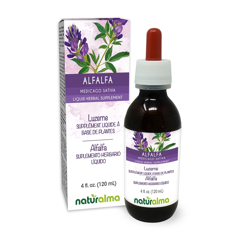 Naturalma Alfalfa sau Lucerna (Medicago Sativa) planta cu flori Tinctură fără alcool - bogat în clorofilă naturală - 4 fl oz Extract lichid în picături - Supliment vegetal - Vegan