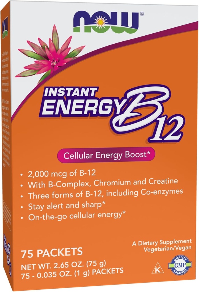 Suplimente acum, energie instant B-12 (2.000 mcg de B-12 pe pachet), energie celulară Boost*, 75 Pachete