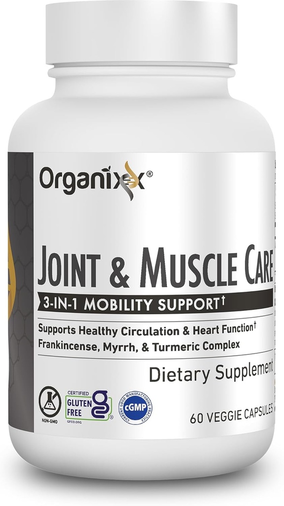 Organixx Junic & Muscle Care Organic Turmeric Supliment, 3-in-1 Frankincense, Turmeric și Myrrh Joint Health & Joint Support Supliment Capsule de îngrijire a corpului, Suporturi Umflare, Tensiune, 60 Capsule