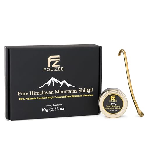 FOUZEE Munţii Himalaieni Pure Shilajit - 77% + Acidul furnal Coerenţă Hard autentică, Sursa naturală a acidului furnal, peste 85 Minerale Trace, include Spoon din oţel inoxidabil (10 grame)