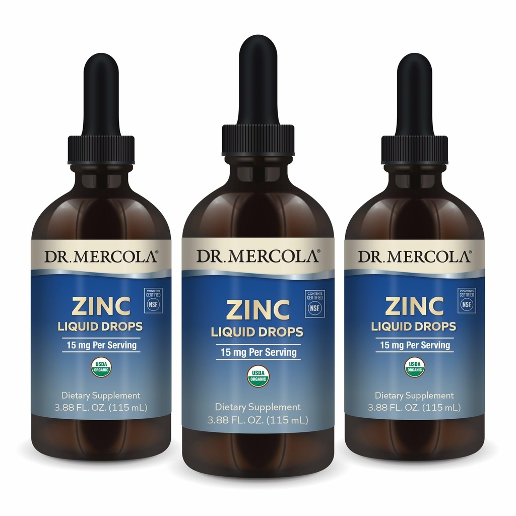 Dr. Mercola Zinc Picături lichide - Suporturi Immune & Organ Health - 15 mg Organic Zinc lichid picături - USDA Organic - NSF Certified - Non-GMO, Gluten-Free & Soy-Free - 3.88 fl oz (3 Pack)