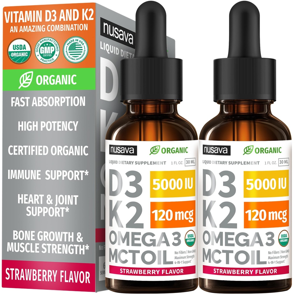 2 Pachet) Vitamina organică D3 K2 picături 5000 UI cu ulei MCT Omega 3 - Rezistenţă maximă lichid D3 fără file, non-GMO pentru absorbţie mai rapidă, suport imun (Strawberry, 2 Fl Oz)