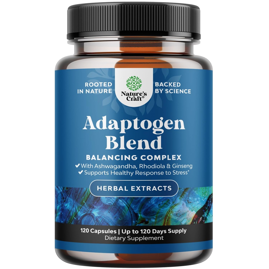 Herbal Adaptogen Mood Supplement - Calmant Adaptogens Supliment pentru Stres & Cortisol Management cu Ashwagandha Rhodiola Rosea & Maca Root - Vegan Non OMG & Daytime Friendly -120ct