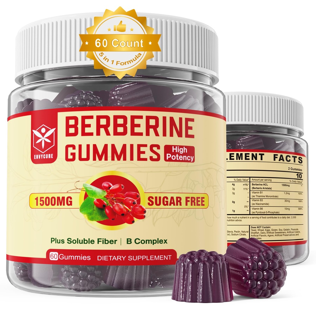 Berberine Supliment 1500mg cu fibre solubile, B1, B3 & B6, Berberine HCL Gummies, Biodisponibilitatea ridicată AMPK Activator pentru Mętâbõlism Balanced, Daily Digestive & Body Manâgęmęnt, 60 Cts