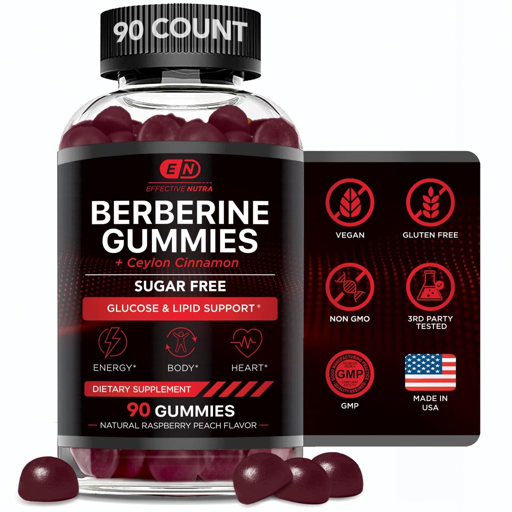 Eficact NUTRA Berberine Gummies cu Ceylon Ceylon Scârbos suplimentar 1200mg fără zahăr pentru sânge Suport zahăr, Heart Health, Energie 