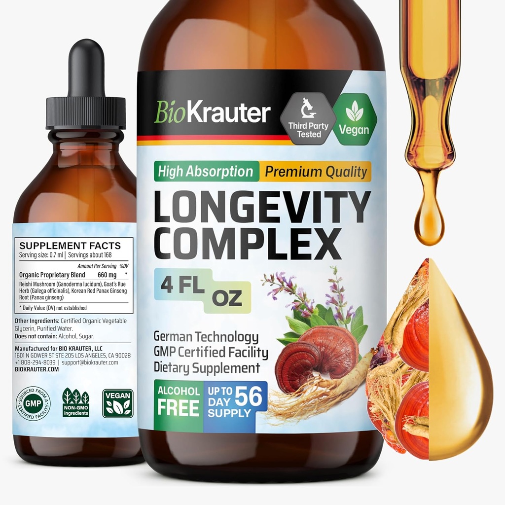 BIO KRAUTER Longevity Mushroom Supplement - Lichid Reishi Mushroom Complex cu Cacao Rue & Red Ginseng Root Extract - Vegan Tinctură - Alcool și zahăr Drops gratuit 4 Fl.Oz.
