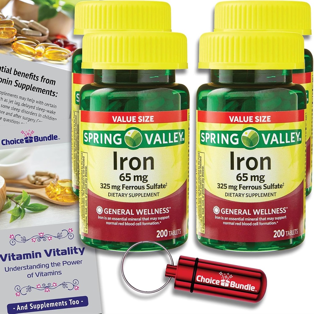 Spring Valley Tablete de fier Dietary Valoarea suplimentara 65 mg 200 CT 4 Pk Alegerea Bundle (800 Total) + Vitamina Vitality Guide & Pill Container (6 elemente)!