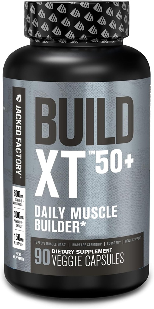 Fabrica Jacked Build-XT 50+ Daily Muscle Builder - Muscle Recovery Supplement & Muscle Builder pentru barbati si femei cu KSM-66 Ashwagandha, Primavie Shilajit, ElevaTP, & Astragin - 90 Conte