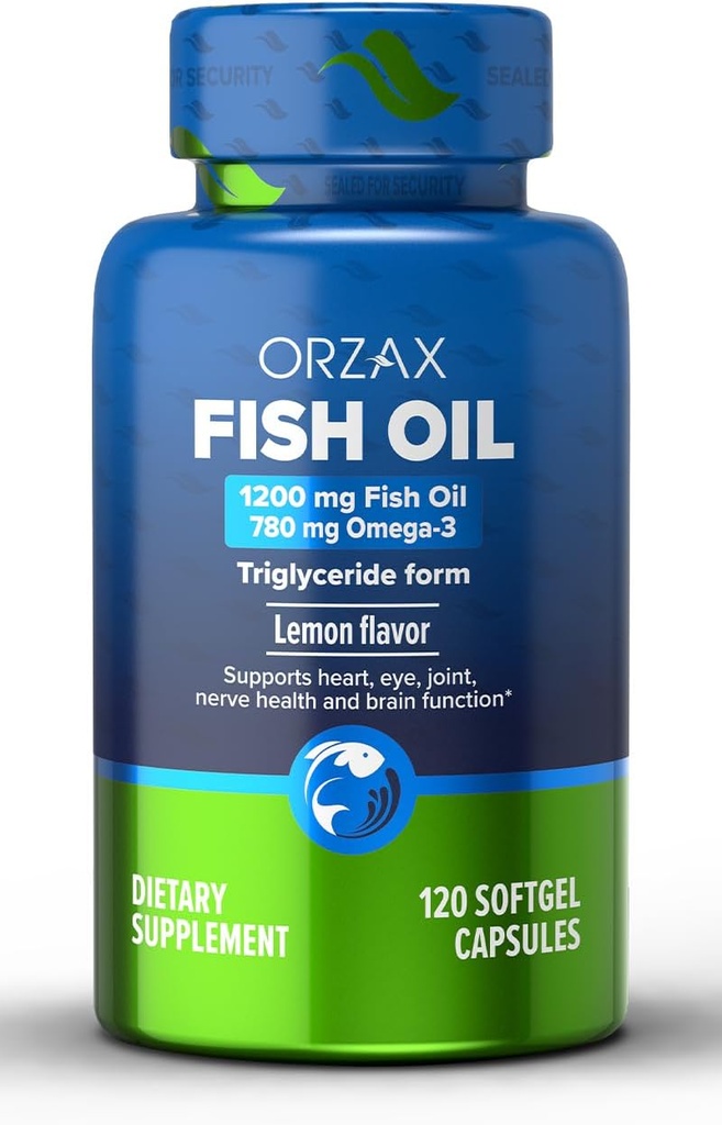 ORZAX Omega 3 Ulei de pește 1200 mg - EPA DHA Omega 3 Supliment - Promovează inima, ochi, articulație, nerv, imun, creier și sănătatea sângelui - Burpless & Lemon Flavored - Non-GMO - 120 Softgels - 60 Day Supply