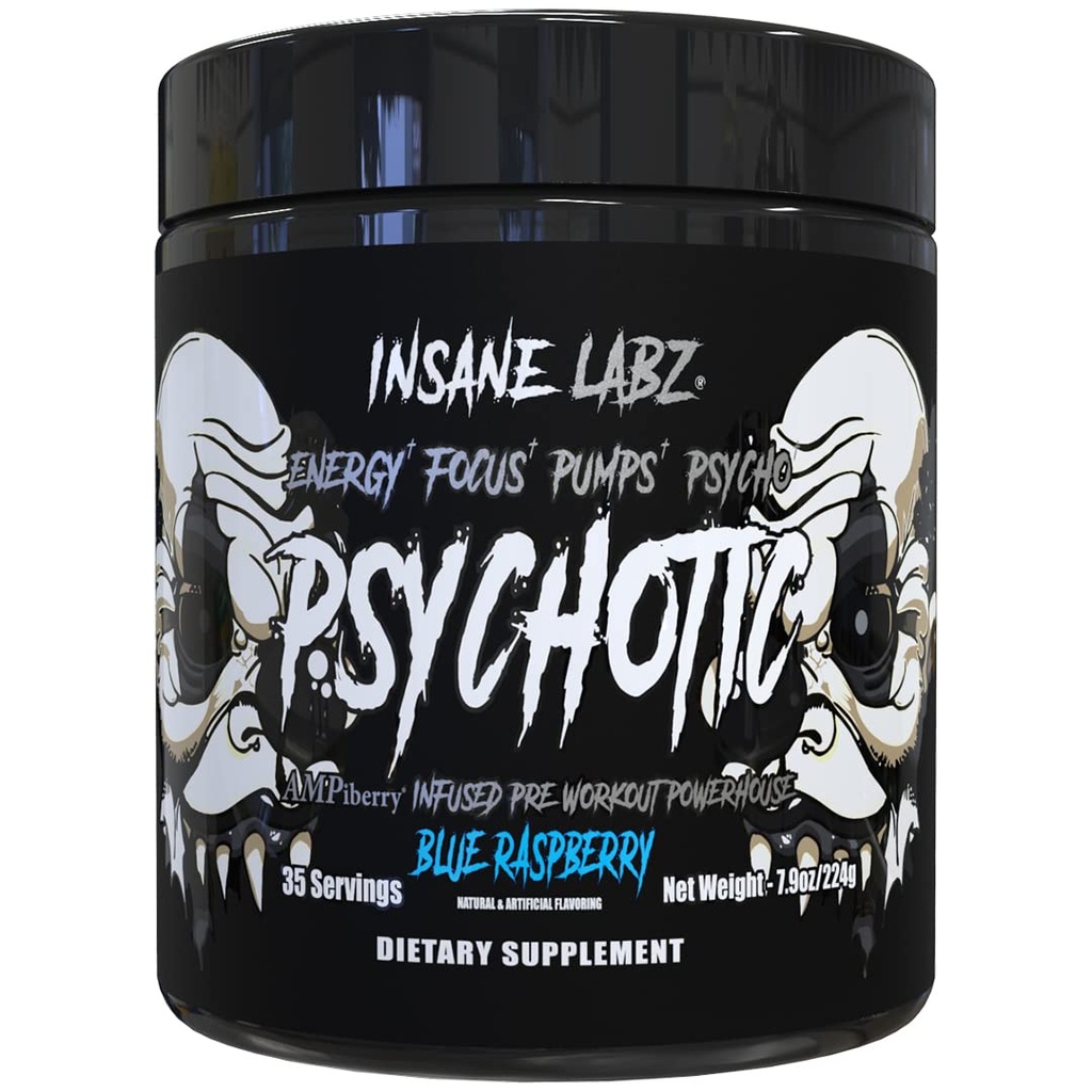 Insane Labz Psychotic Black Edition Mid Stimulant Pre Workout Powder, Pompi Energie Focus, Încărcat cu Creatine Beta Alanine Taurina Alimentat de Ampiberry, 35 Servings (Blue Raspberry)