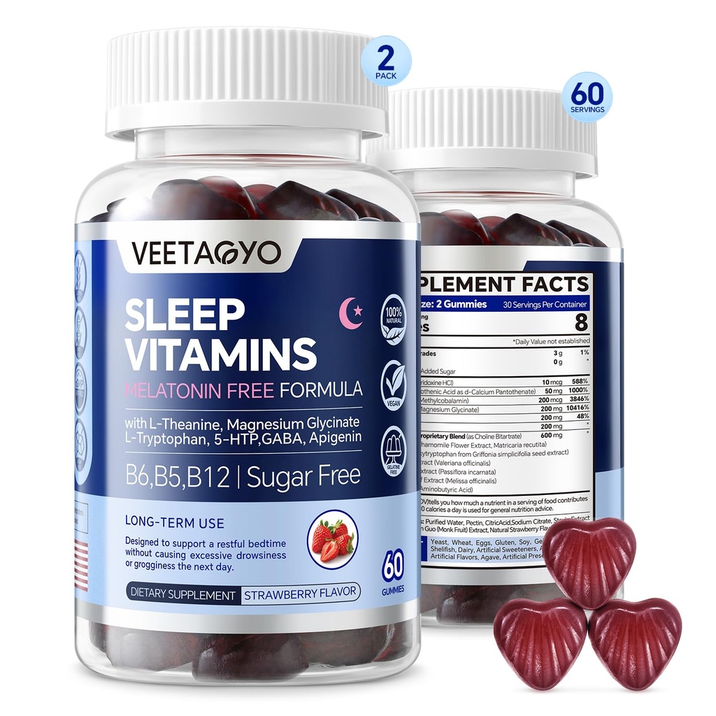Melatonina gratuit 5-HTP GABA Supliment Gummies pentru adulți și copii 12+ cu L-Theanină, Magneziu Glycinate, L-Tryptofan, Apigenin - Zahăr gratuit, aromă de căpșuni, Vegan, 120 Conte