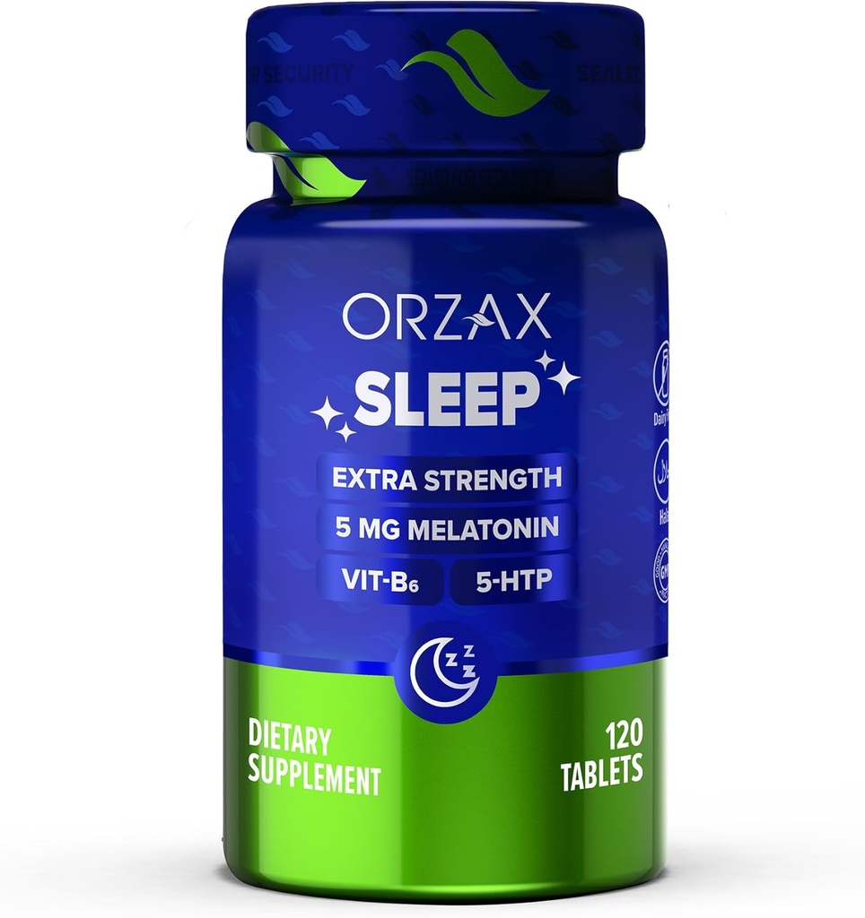 OrzAX Sleep - Melatonina 5 mg, Vitamina B6 & 5-HTP Supliment - Vitamine de somn odihnitoare pentru adulţi (120 comprimate)