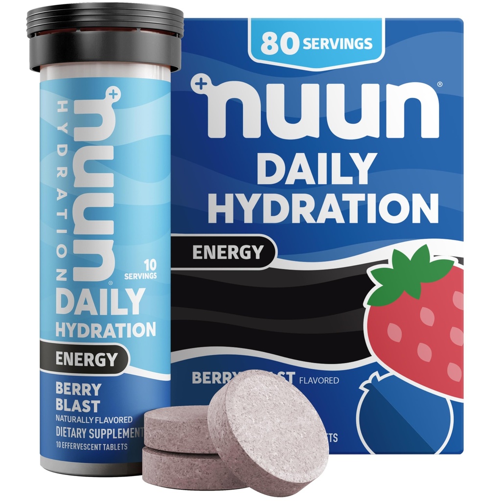 Nuun Energy Electrolite Tablete cu Ginseng, Cafeina din extract de ceai verde, Vitamina B12, B6, B5, Magneziu & 4 Alte Electroliți, Gluten Free & Vegan, Berry Blast, 8 Pack (80 Servings Total)