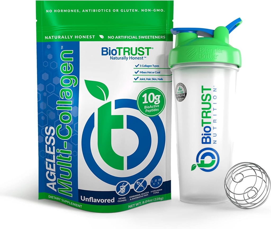 BioTrust Agless Multi Colagen 5-in-1 Pulbere de proteine (nearomat) BlenderBottle Bundle