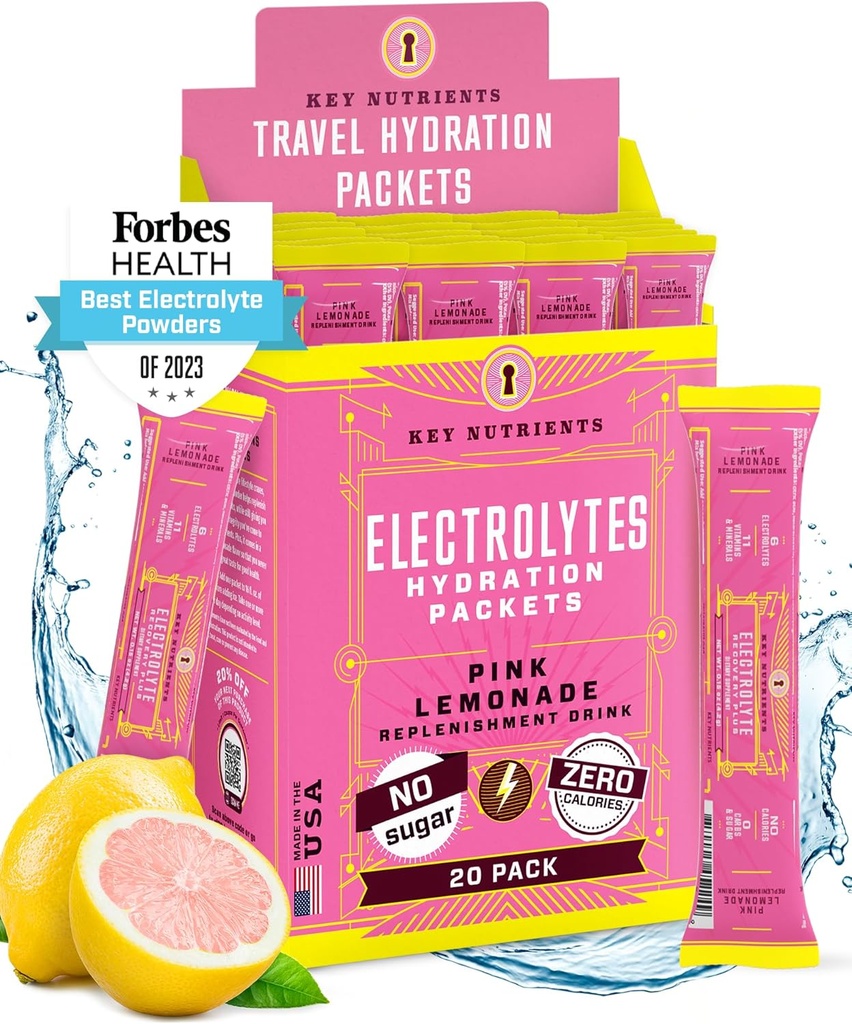 NUTRIENTE Electroliţi Pachete cu pulbere - Pachete de hidratare roz proaspăt Lemonade 18 Pachete de hidratare - Pulbere de hidratare de călătorie - Fără zahăr, fără calorii, gluten gratuit - Made in USA