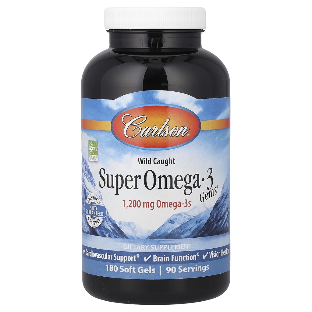 Carlson - Super Omega-3 Gems, 1200 mg Omega-3s, Suport cardiovascular, Funcţia cerebrală & Vision Health, 180 geluri moi