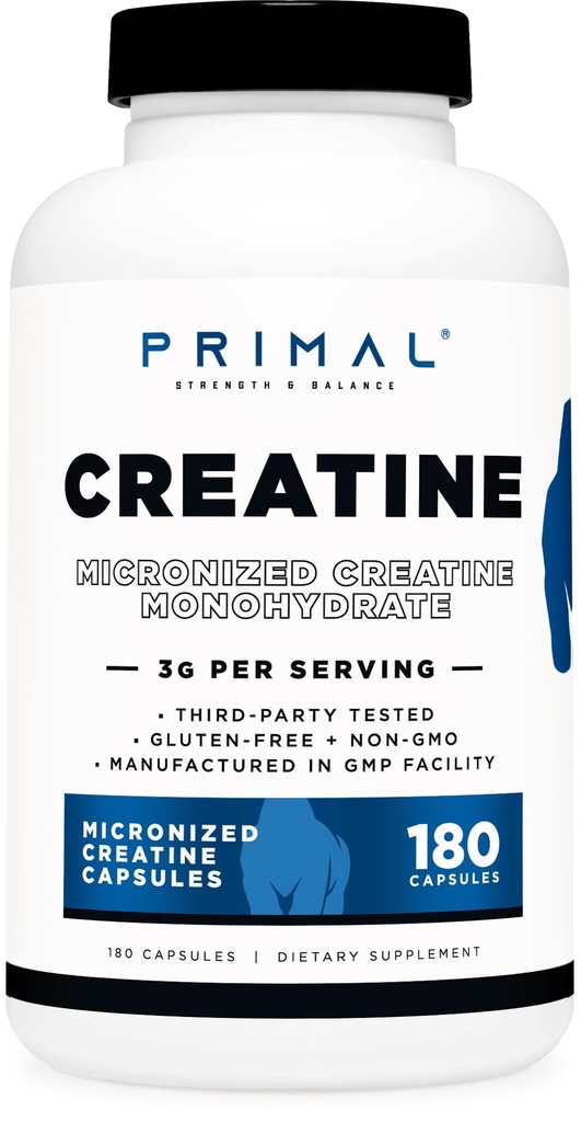 Creatura primara monohidrat (3.000 Mg, 180 Caps) - Micronized Creatin Supplement, 750mg per capsule, mare pentru preworkout si recuperare - Gluten-free, non-GMO