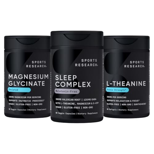 Cercetare sportivă Dublă Putere L-Theanin Supliment Softgels pentru focalizare & relaxare, Magneziu Glicinat pentru somn odihnitor & Procese Enzymatice + Complex de somn Melatonin-Free Vegan Capsule