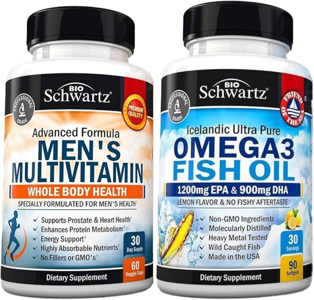 Advanced Daily Men's Multivitamine cu vitamina C A B D3 E și zinc (1 lună de aprovizionare) Plus Triple Putere Omega 3 Softgels ulei de pește (1 lună de aprovizionare)