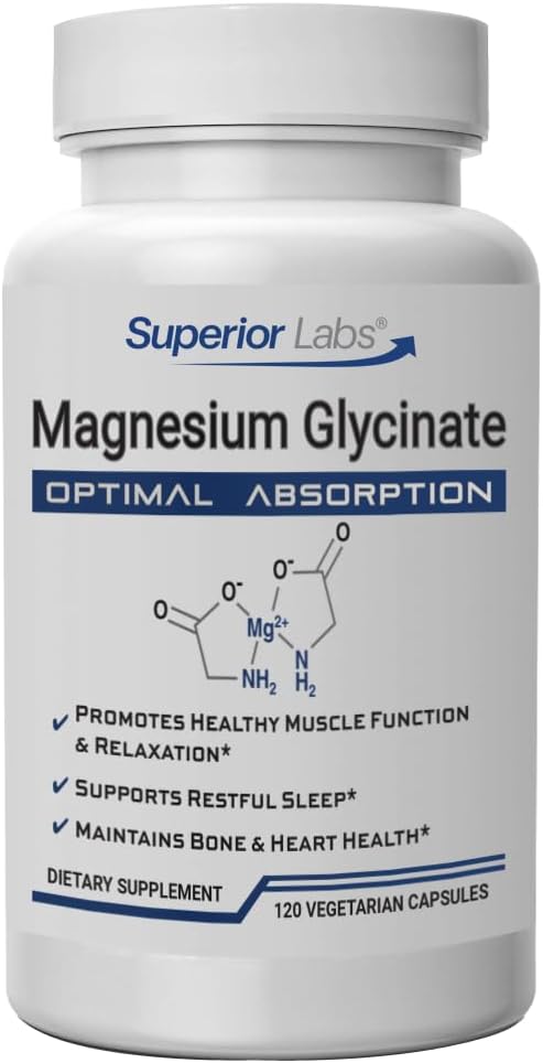 Glicinat de magneziu superior Labs 1250 mg, Absorbție ridicată, Pure non-GMO, Sprijină somn de calitate, Eases Crampe musculare, Bone & Heart Health,120 Veg Caps