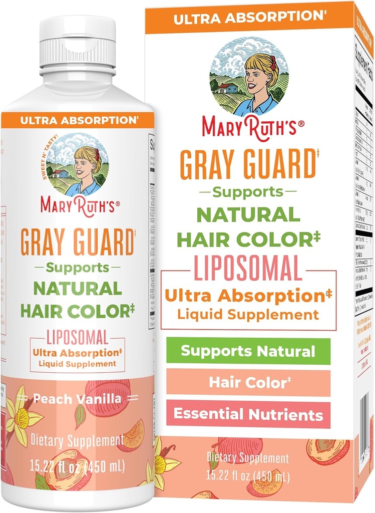 MaryRuth Organics Gray Guard Liposomal, susține culoarea naturală a părului, cu cupru și acid pantotenic, Sfântul Basil & plante tradiționale, Vitamina E & Vitamina B pentru sănătate generală, vârstele 18+, 15.22 Fl oz