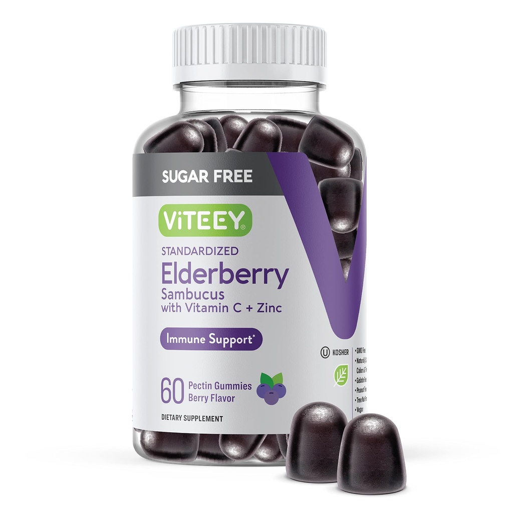 VITEEY Sambucus Gumiile de soc pentru adulti si adolescenti + Zinc & Vitamina C - Sugar Free - Suport Immun si Suplimentul Herbal Booster - Vegan, Gluten Free, Gelatina Gratuita, OMG-uri Gratuite, Mestecabile Aroma de Berry