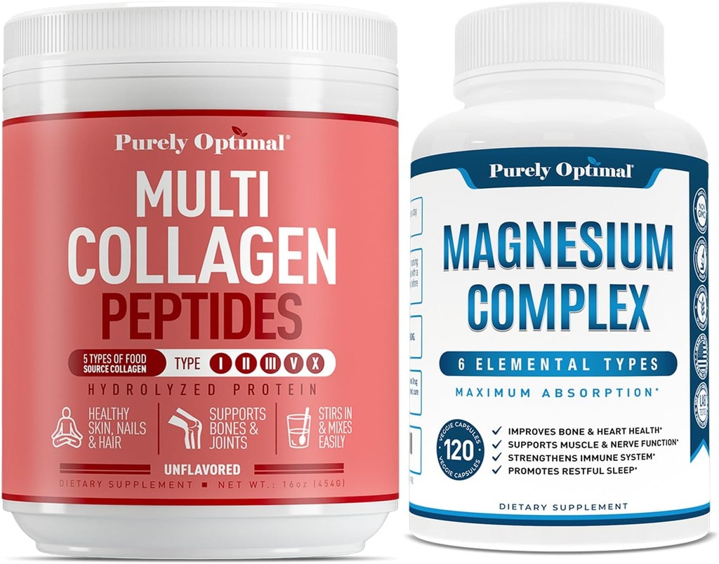 Pur Optimal Premium Multi Colagen Pulbere + Premium Magneziu Complex - Magneziu Citrat, Malat, Relaxare musculara - 120 capace