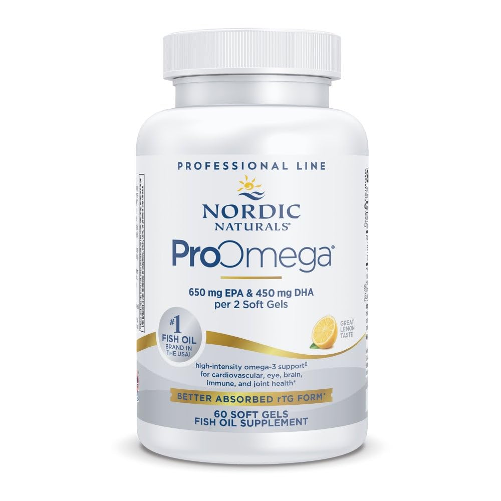 Nordic Naturals ProOmega, Lemon Flavor - 60 Soft Gels - 1280 mg Omega-3 - High Potentity Fish Oil with EPA & DHA - Promovează creierul, ochii, inima, și sănătatea imună - Non-GMO - 30 Servings