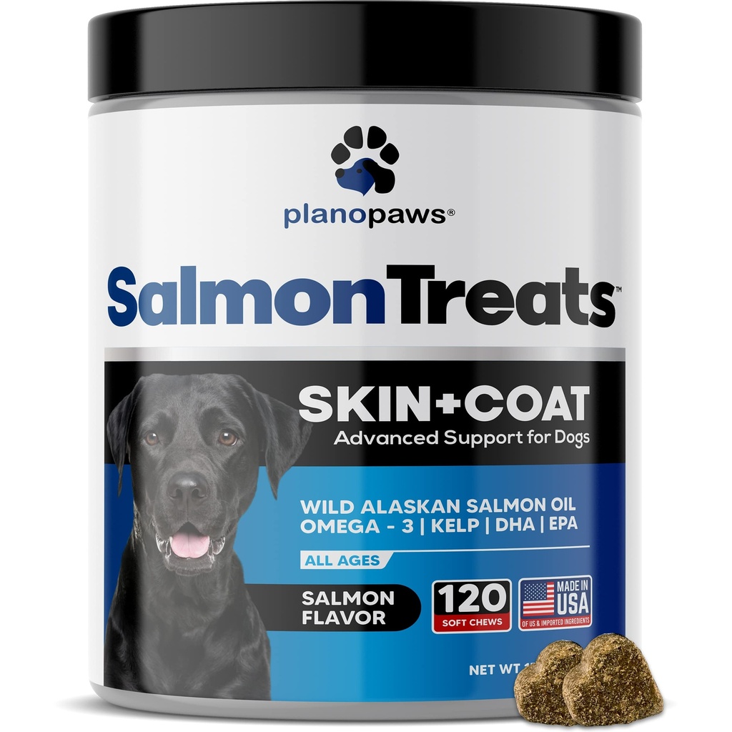 Ulei de somon sălbatic din Alaska pentru câini - Piele de câine și supliment de haina - Shedding & Mâncărime ajutor pentru câini - Omega 3 ulei de pește pentru câini Chews - 120 Dog Alergie Chews - supliment de vărsare câine - Vitamine de câine