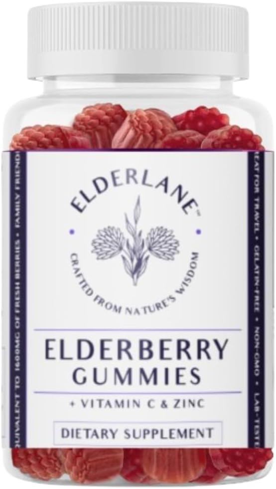 Elderlane Elderberry Gummies pentru adulți și copii - Suport imun - non-GMO, Vegan, Gluten-Free, Gelatină-Free - 60ct, 100mg