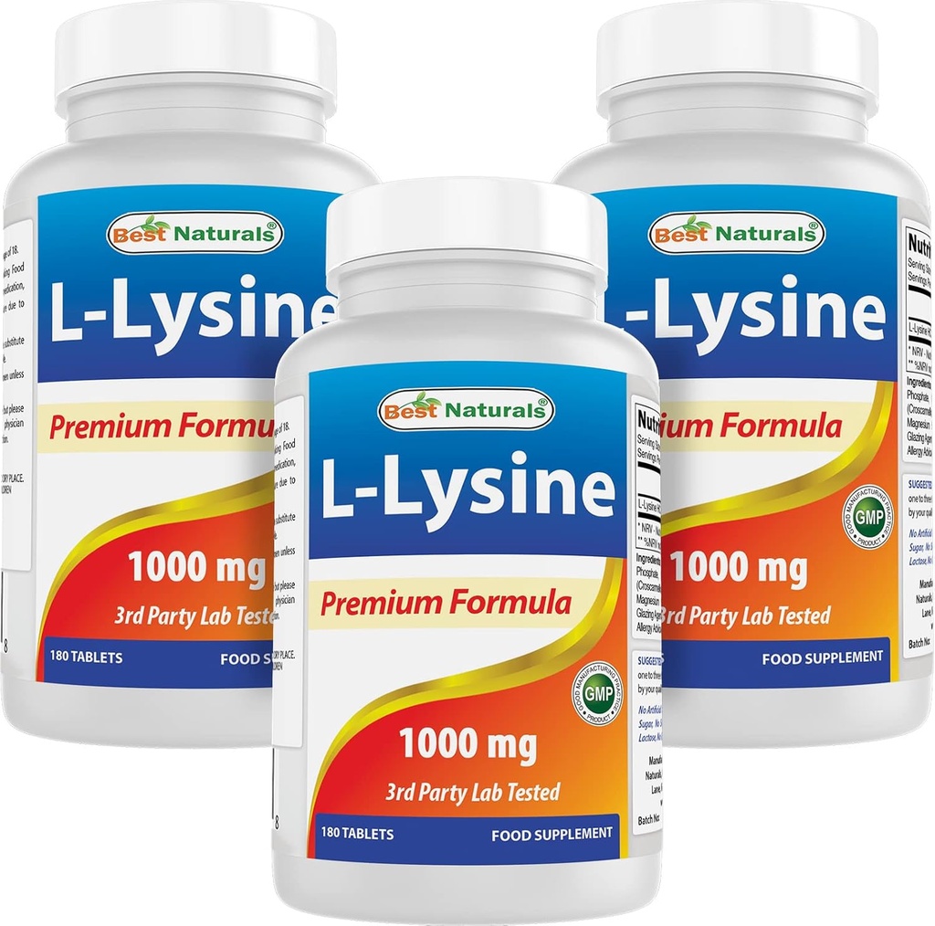 Cele mai bune naturale L-Lysine 1000mg 180 comprimate (180 Număr (pachet de 1)) (3 sticle)