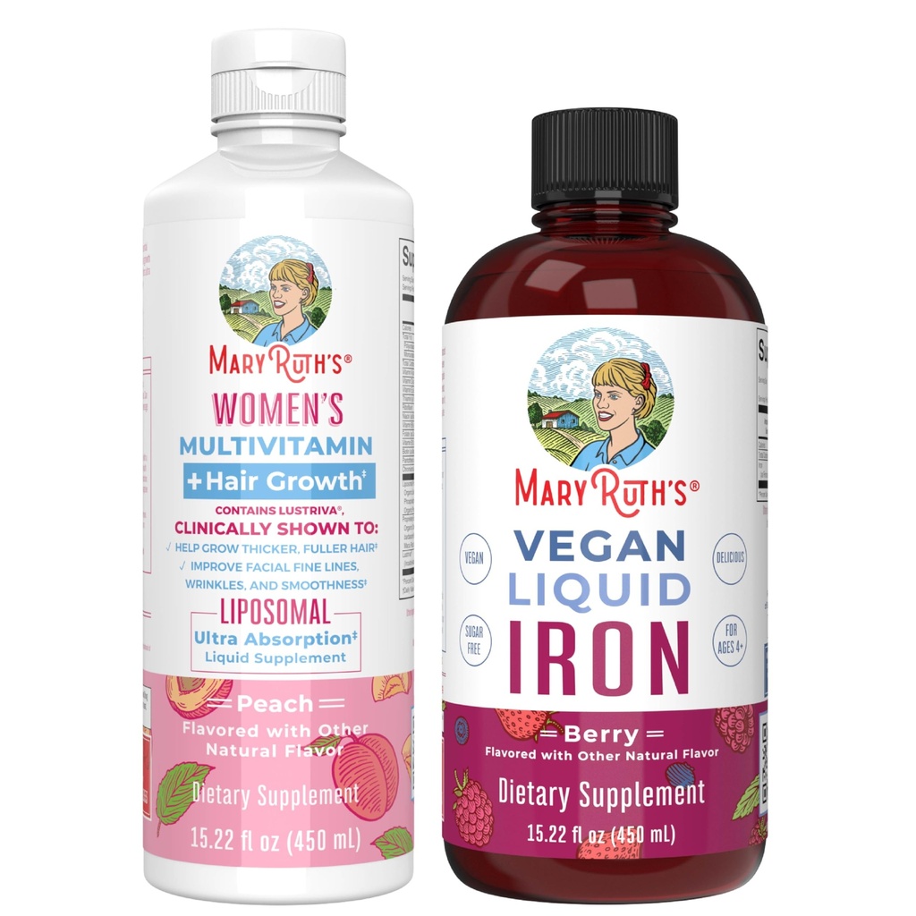 MaryRuth's Women's Multivitamine + Hair Growth Liposomal (Peach) & Iron Liquid (Berry) 