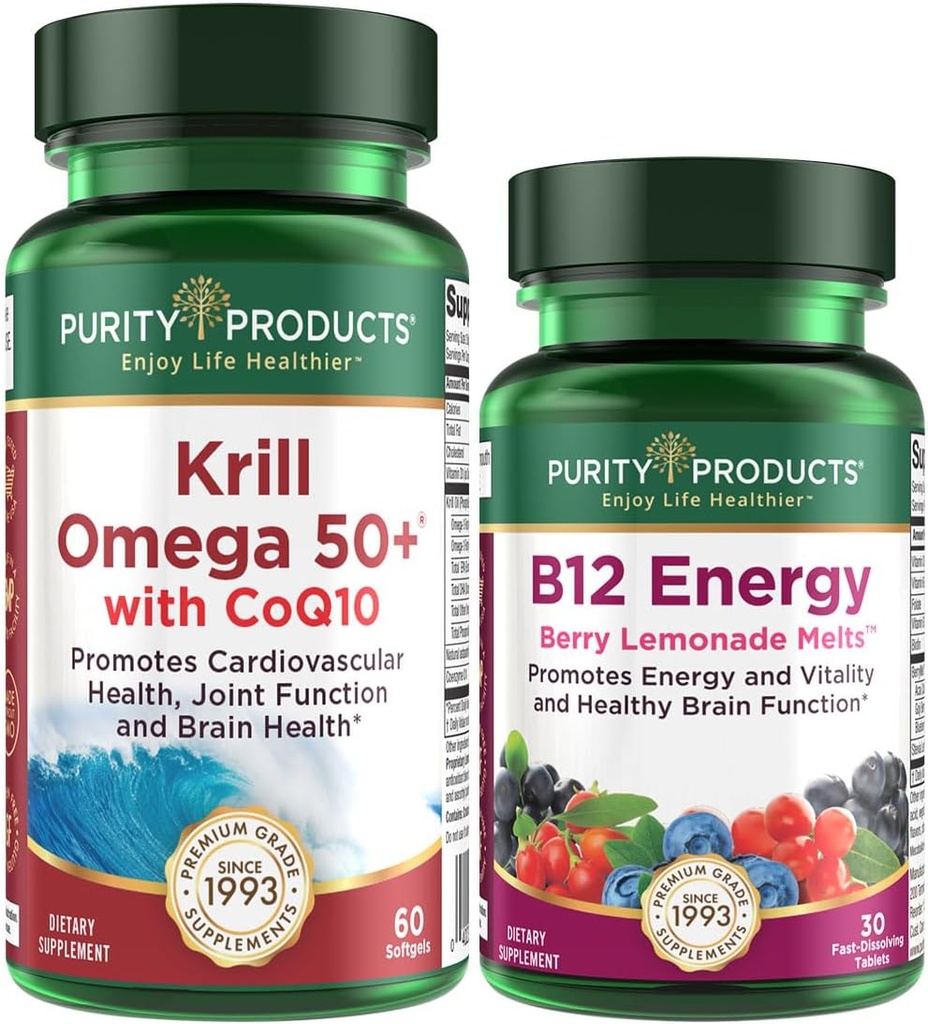 Produse de puritate Bundle - Krill Omega 50+ cu CoQ10 + B-12 Melt de energie - Krill Omega 50+ cu CoQ10 (Oil Krill, ulei de pește, CoQ10, vitamina D) B-12 Berry Melt (Metilcobalamină B12 + B6 + D3 + More)