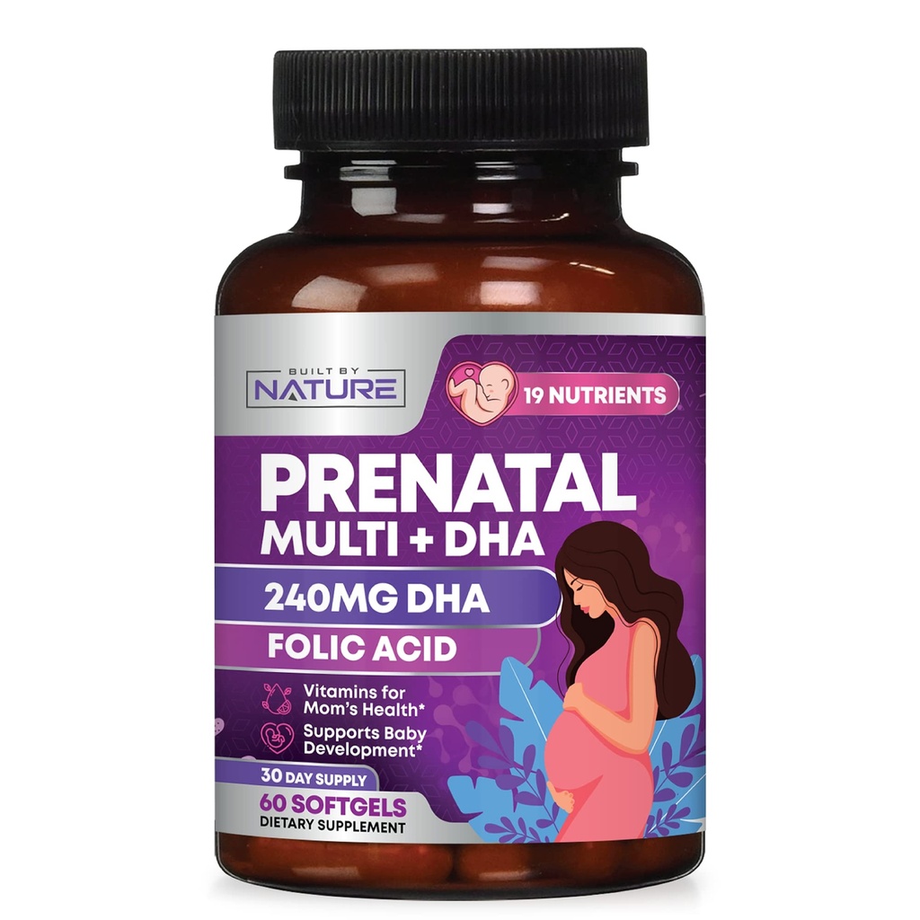 Vitamine prenatale pentru femei - Multivitamine cu DHA, Acid folic, Vitamina C, B12, Fier & Omega-3 - Inainte, In timpul si post Suplimentul de sarcina pentru crestere sanatoasa si dezvoltarea creierului - 60 Softgels