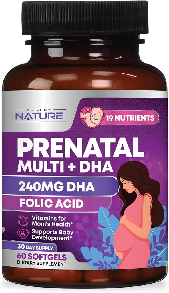 Vitamine prenatale pentru femei - Multivitamine cu DHA, Acid folic, Vitamina C, B12, Fier & Omega-3 - Inainte, In timpul si post Suplimentul de sarcina pentru crestere sanatoasa si dezvoltarea creierului - 60 Softgels