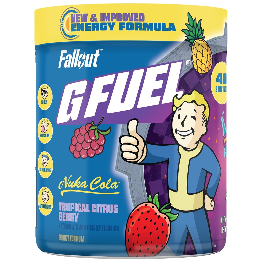 G combustibil Nuka Cola pulbere de energie, zahăr gratuit, Cafeina Clean Focus Supliment, Mix de apă, Tropical Citrus Berry Flavor, Focus Amino, Vitamina + Antioxidanti Blend - 9,8 oz (40 Serviri)