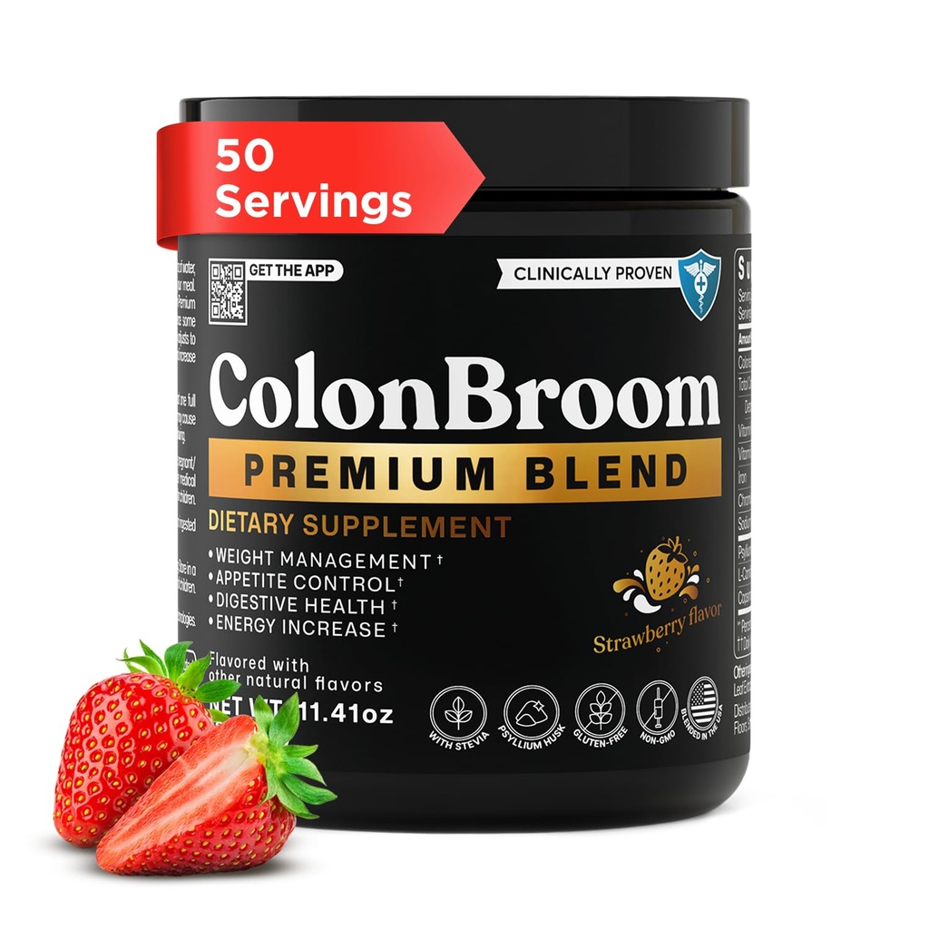 ColonBroom Premium Powder Supplement (Strawberry) - Colon Broom Psyllium Husk Powder Drink - Gluten Free, Non-GMO Colon Cleanse for Bloating Relief & Gut Health, 50 Servings