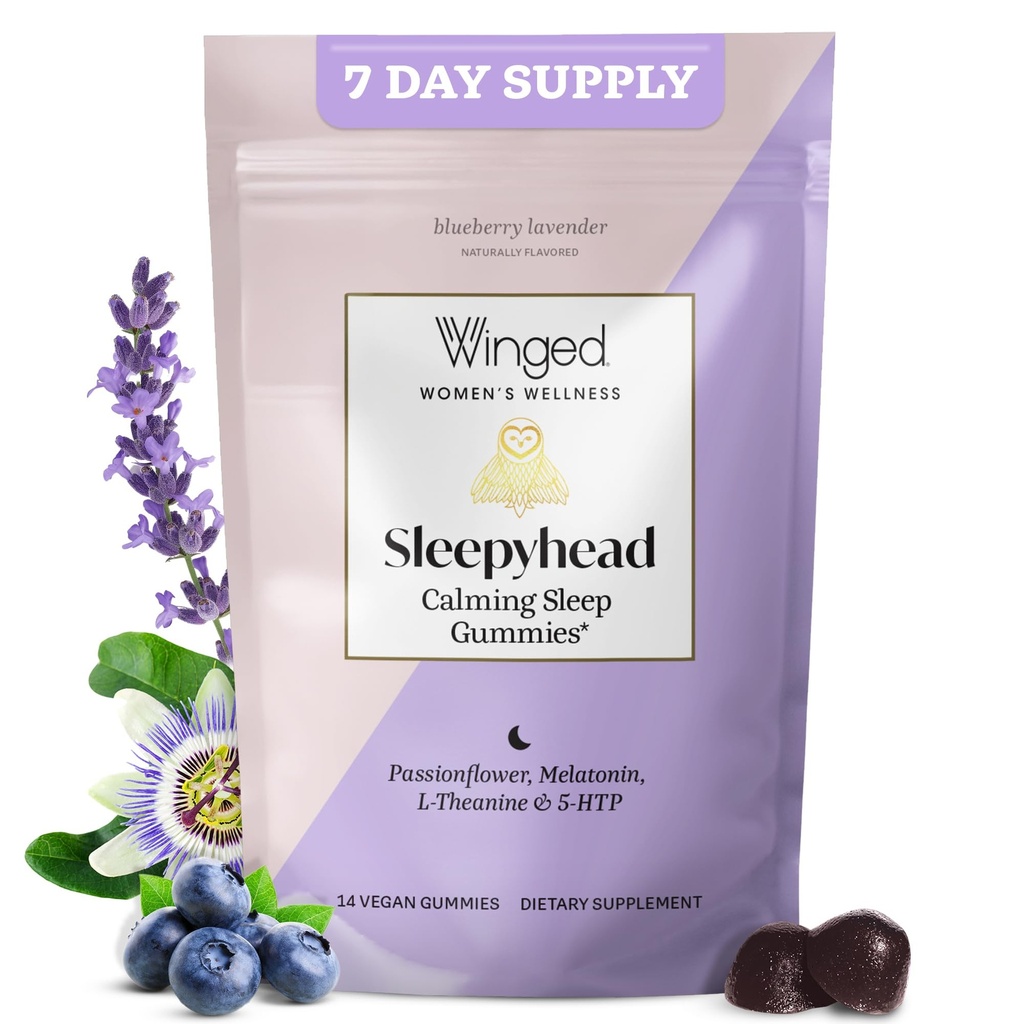 Winged Wellness Sleepyhead Gummies Natural Sleep Gumies for Women - Sleep Support Ajutor pentru adulţi cu 3mg Melatonina, L-Theanin, 5-HTP - Natural Gummy Supplement - Blueberry Lavender, 14 Vegan Gummies