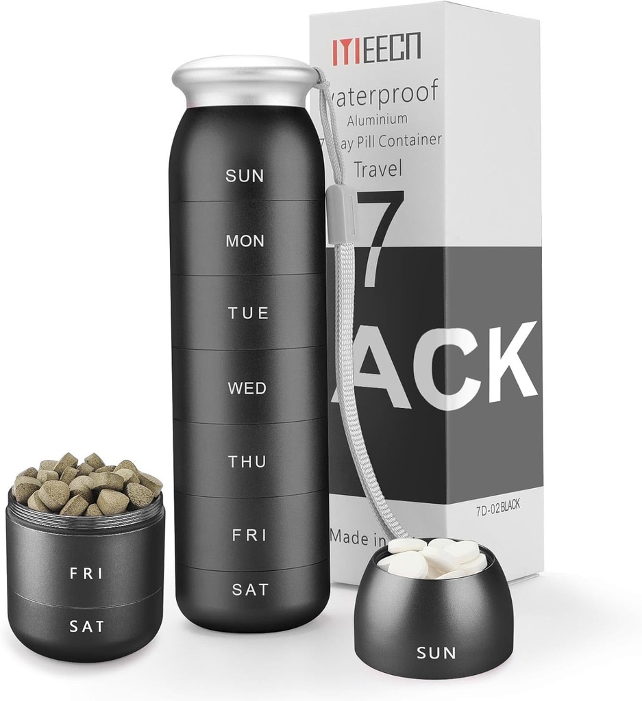 Weekly Pill Organizator, Portable Travel 7 Day, Container impermeabil, Mari, Aluminiu, Metal, Hold Vitamine, Cod Ulei de ficat, Suplimente și medicamente (Negru)