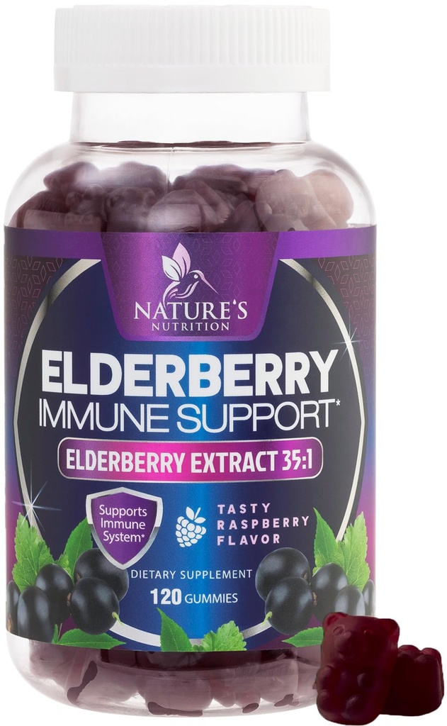 Elderberry Immune Support Gummies - Super Concentrat 35:1 Extract, echivalent cu 4200 mg de Elderberberries - Sambucus Black Elder Berry Suplimentul de vitamine, Suport Daily pentru copii & Adulți - 120 Gummies
